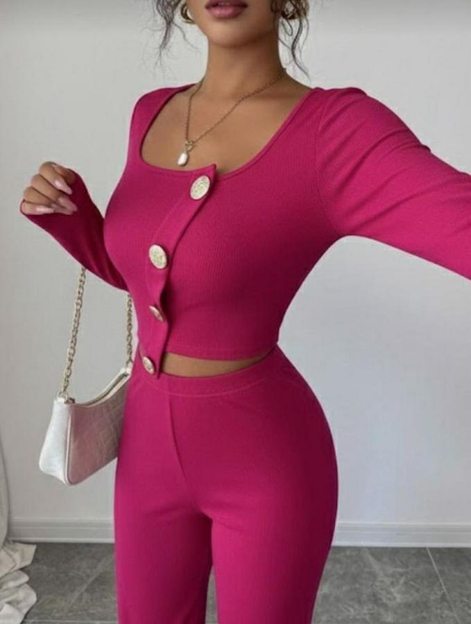 Uzun Kol Kare Yaka Asimetrik Düğme Detay Bluz Ve Yüksek Bel Pantolon Ikili Takım