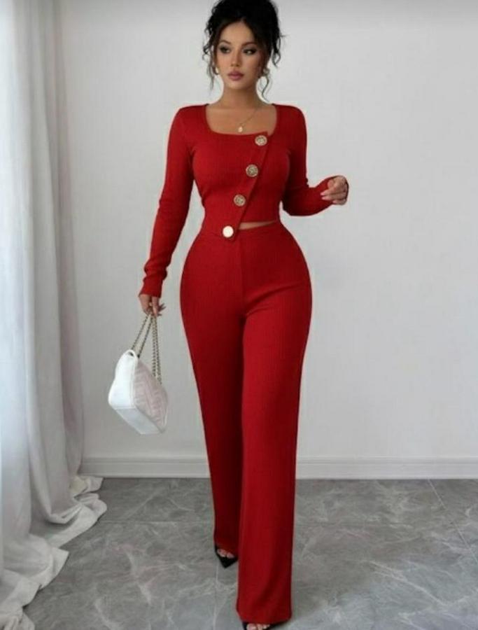 Uzun Kol Kare Yaka Asimetrik Düğme Detay Bluz Ve Yüksek Bel Pantolon Ikili Takım