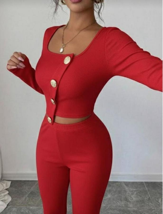 Uzun Kol Kare Yaka Asimetrik Düğme Detay Bluz Ve Yüksek Bel Pantolon Ikili Takım