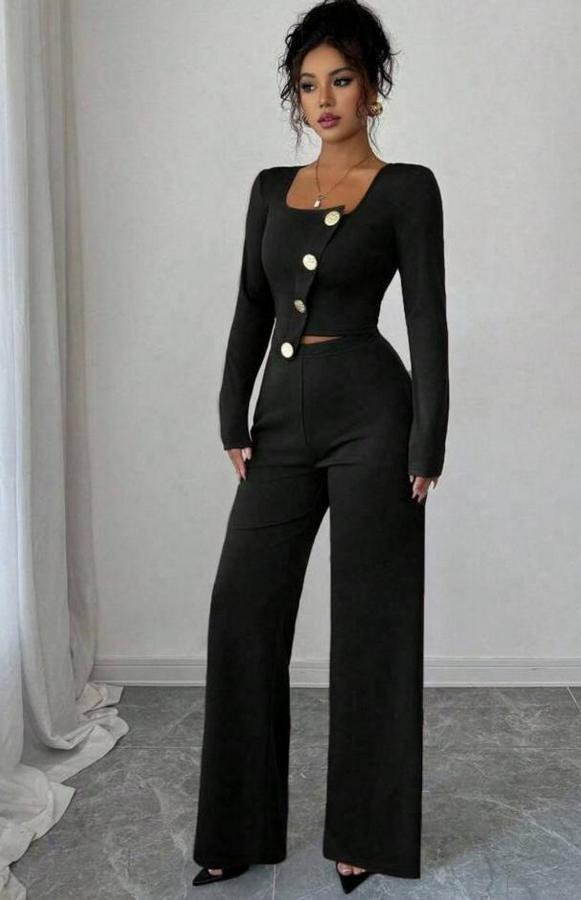 Uzun Kol Kare Yaka Asimetrik Düğme Detay Bluz Ve Yüksek Bel Pantolon Ikili Takım