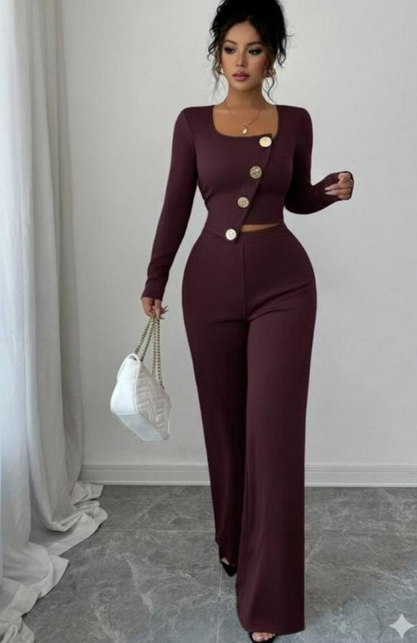 Uzun Kol Kare Yaka Asimetrik Düğme Detay Bluz Ve Yüksek Bel Pantolon Ikili Takım