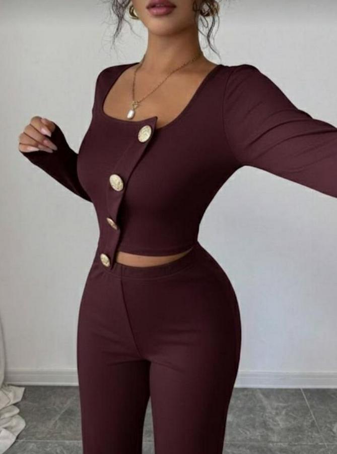 Uzun Kol Kare Yaka Asimetrik Düğme Detay Bluz Ve Yüksek Bel Pantolon Ikili Takım