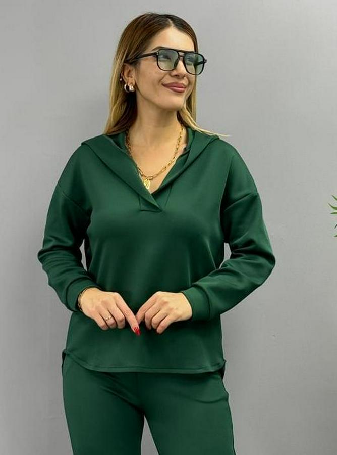 Uzun Kol V Yaka Kapüşon Detay Sweat Ve Yüksel Bel Eşofman Ikili Takım