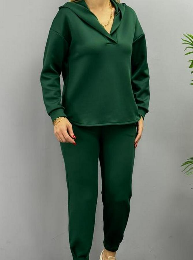 Uzun Kol V Yaka Kapüşon Detay Sweat Ve Yüksel Bel Eşofman Ikili Takım