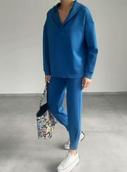 Uzun Kol V Yaka Kapüşon Detay Sweat Ve Yüksel Bel Eşofman Ikili Takım