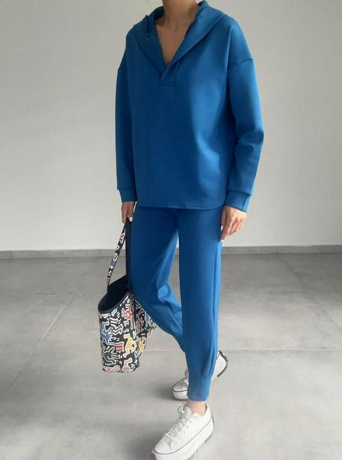 Uzun Kol V Yaka Kapüşon Detay Sweat Ve Yüksel Bel Eşofman Ikili Takım