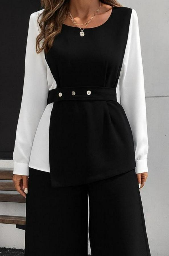 Uzun Kollu Açık Yakalı Çift Renkli Kemerli Ithal Krep Ikili Takım