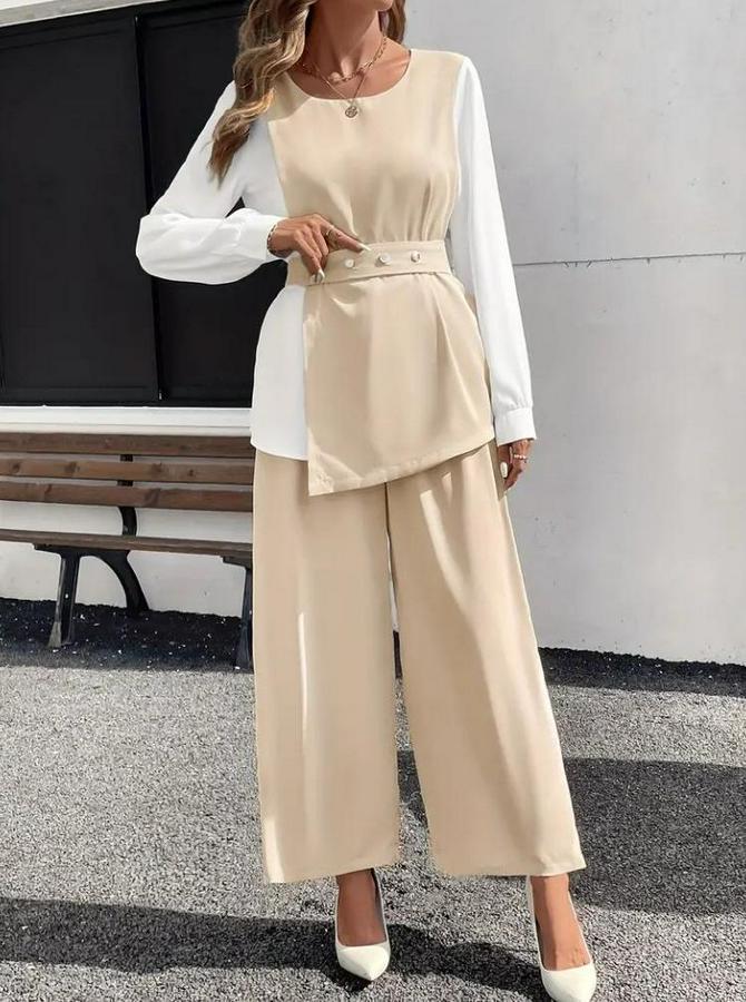 Uzun Kollu Açık Yakalı Çift Renkli Kemerli Ithal Krep Ikili Takım