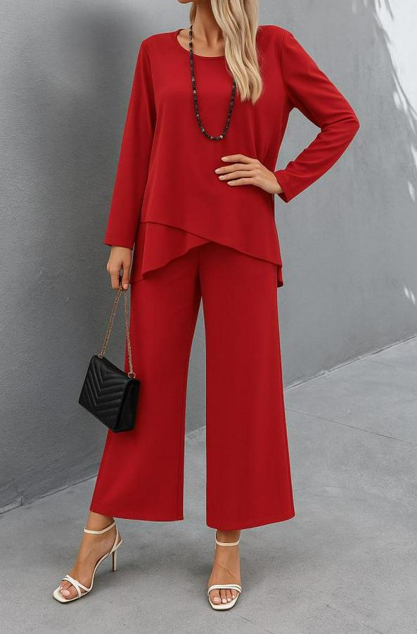 Uzun Kollu Asimetrik Detaylı Salaş Sandy Bluz Ve Pantolon Ikili Takım
