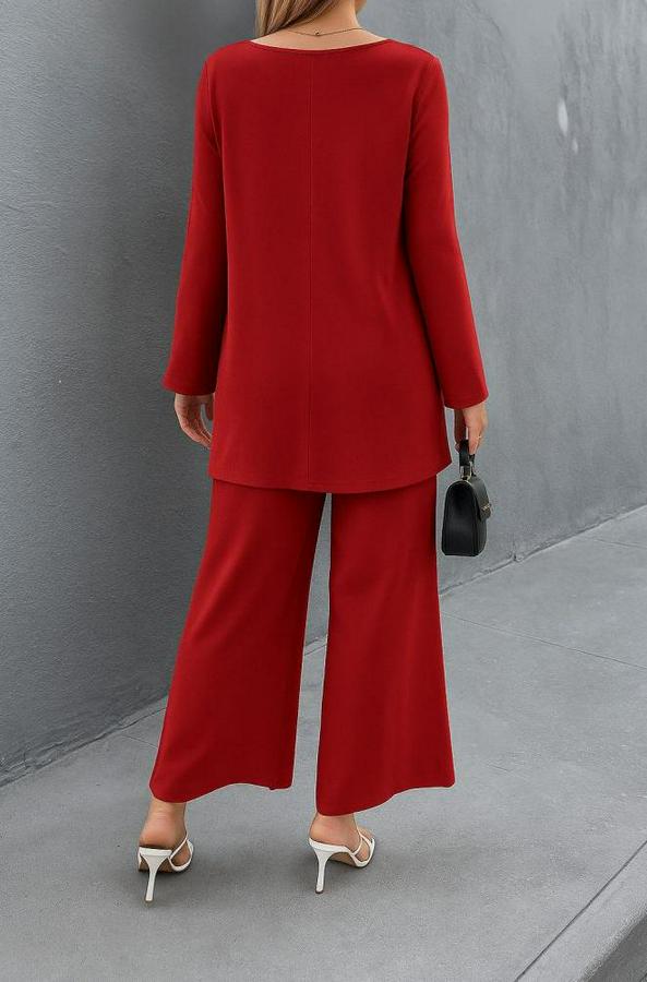 Uzun Kollu Asimetrik Detaylı Salaş Sandy Bluz Ve Pantolon Ikili Takım