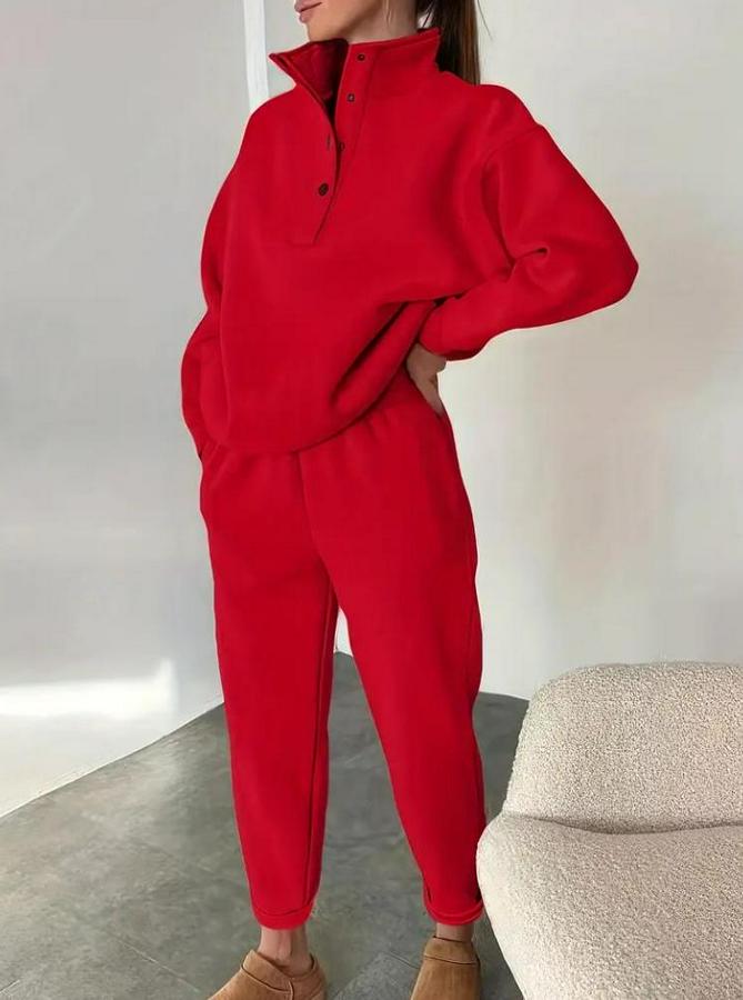 Uzun Kollu Balıkçı Dik Yakalı Düğmeli Üç Iplik Bluz Ve Pantolon Ikili Takım