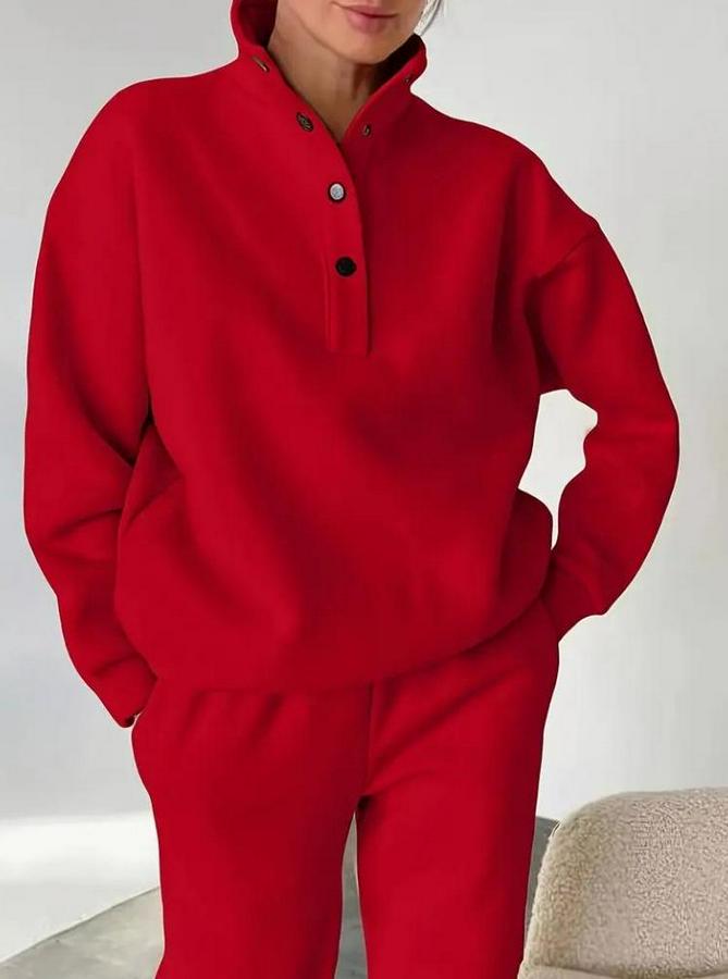 Uzun Kollu Balıkçı Dik Yakalı Düğmeli Üç Iplik Bluz Ve Pantolon Ikili Takım