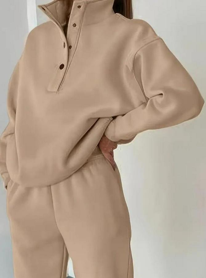 Uzun Kollu Balıkçı Dik Yakalı Düğmeli Üç Iplik Bluz Ve Pantolon Ikili Takım