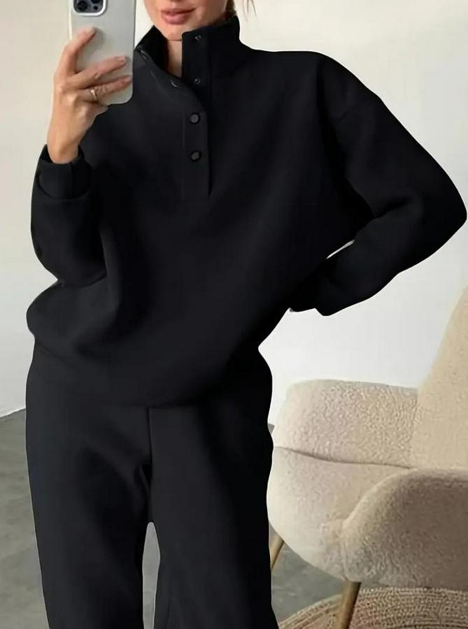 Uzun Kollu Balıkçı Dik Yakalı Düğmeli Üç Iplik Bluz Ve Pantolon Ikili Takım