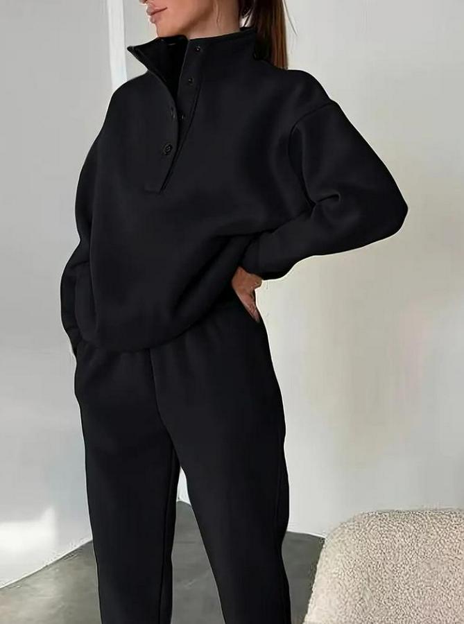 Uzun Kollu Balıkçı Dik Yakalı Düğmeli Üç Iplik Bluz Ve Pantolon Ikili Takım