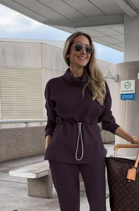 Uzun Kollu Balıkçı Yaka Belden Lastikli Modal Bluz Ve Pantolon Ikili Takım