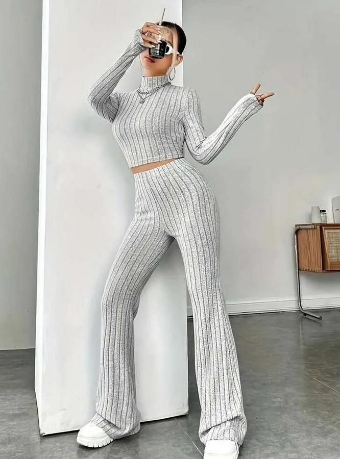 Uzun Kollu Balıkçı Yaka Krop Ve Pantolon Şardonlu Kaşkorse Ikili Takım