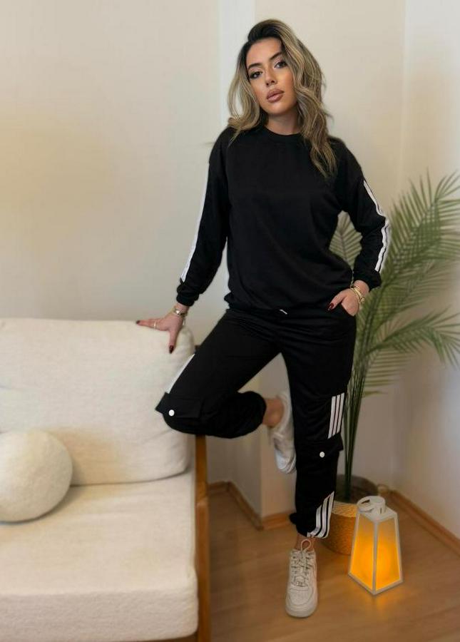 Uzun Kollu Beyaz Şerit Detay Kargo Cep Iki Iplik Ikili Takım