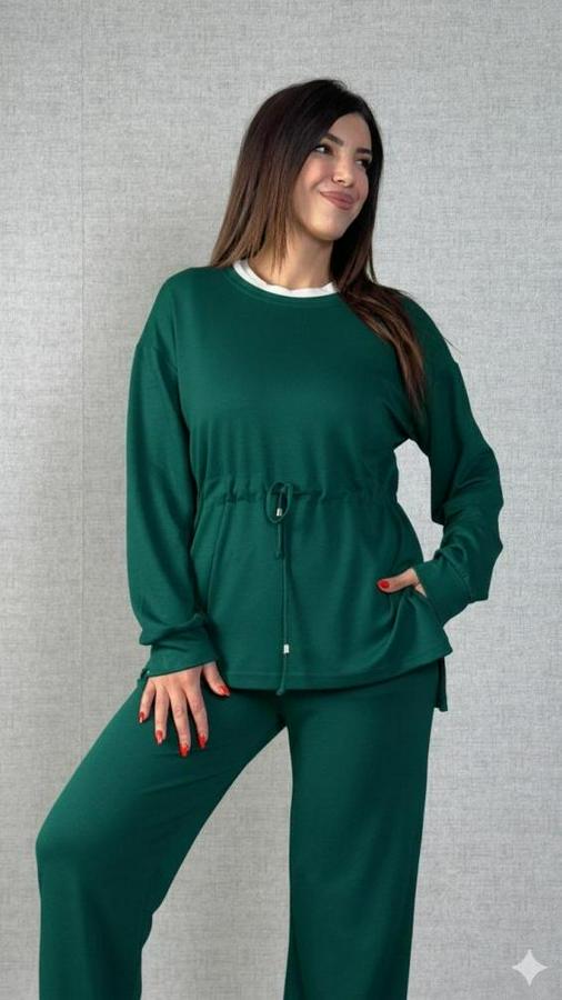 Uzun Kollu Bisiklet Yaka Belden Büzgülü Bağcıklı Viskon Iki Iplik Bluz Ve Pantolon Ikili Takım