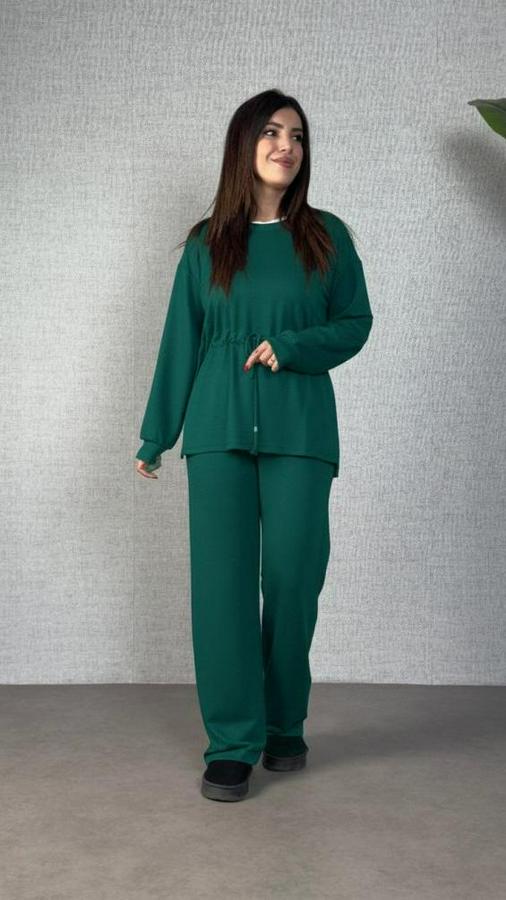 Uzun Kollu Bisiklet Yaka Belden Büzgülü Bağcıklı Viskon Iki Iplik Bluz Ve Pantolon Ikili Takım