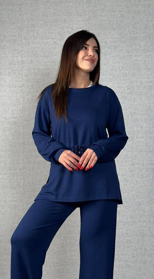 Uzun Kollu Bisiklet Yaka Belden Büzgülü Bağcıklı Viskon Iki Iplik Bluz Ve Pantolon Ikili Takım