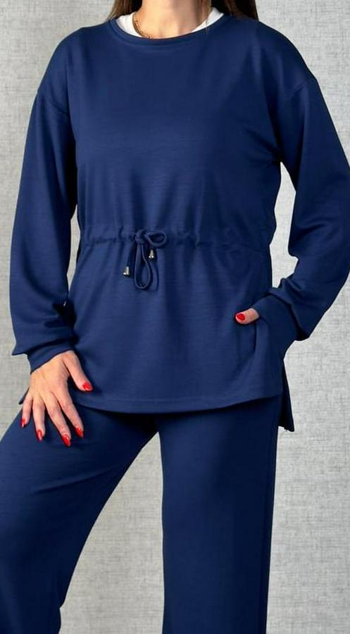 Uzun Kollu Bisiklet Yaka Belden Büzgülü Bağcıklı Viskon Iki Iplik Bluz Ve Pantolon Ikili Takım