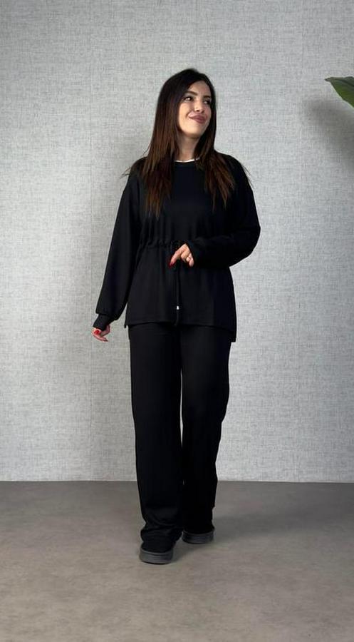 Uzun Kollu Bisiklet Yaka Belden Büzgülü Bağcıklı Viskon Iki Iplik Bluz Ve Pantolon Ikili Takım