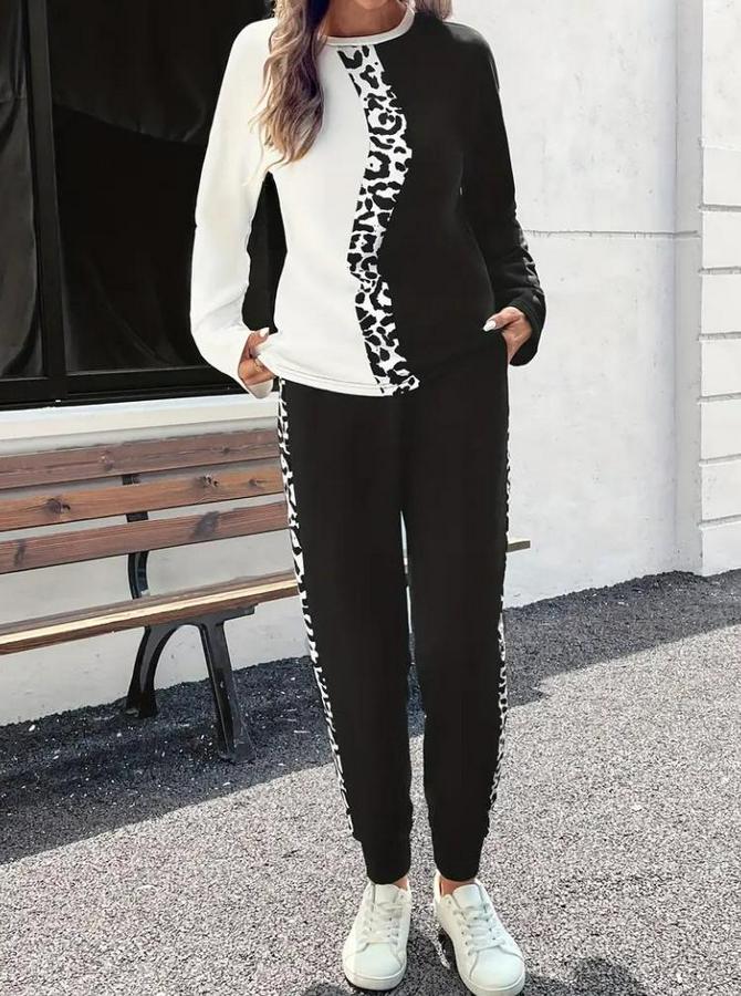 Uzun Kollu Bisiklet Yaka Çift Renkli Viskon Iki Iplik Bluz Ve Pantolon Ikili Takım