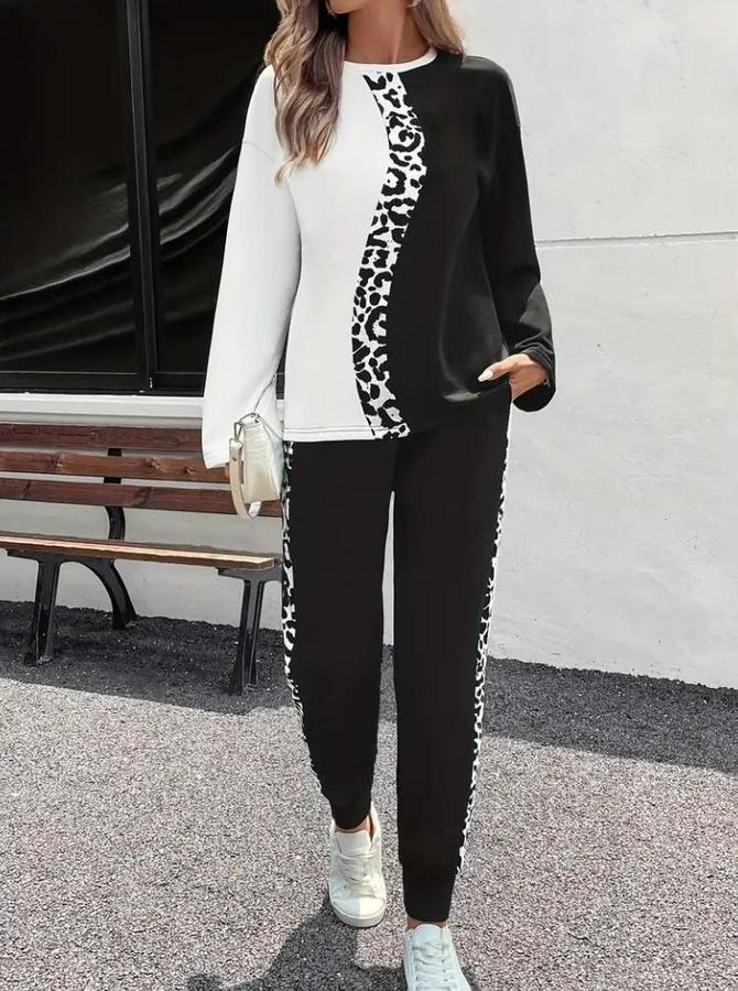 Uzun Kollu Bisiklet Yaka Çift Renkli Viskon Iki Iplik Bluz Ve Pantolon Ikili Takım
