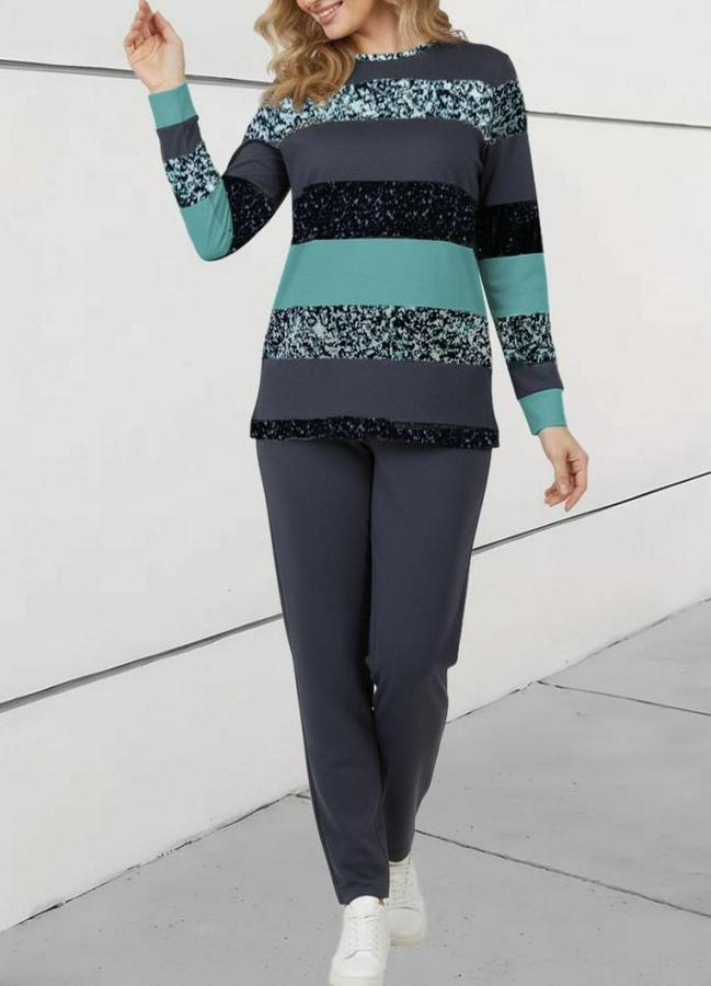 Uzun Kollu Bisiklet Yaka Çizgili Desen Iki Iplik Bluz Ve Pantolon Ikili Takım