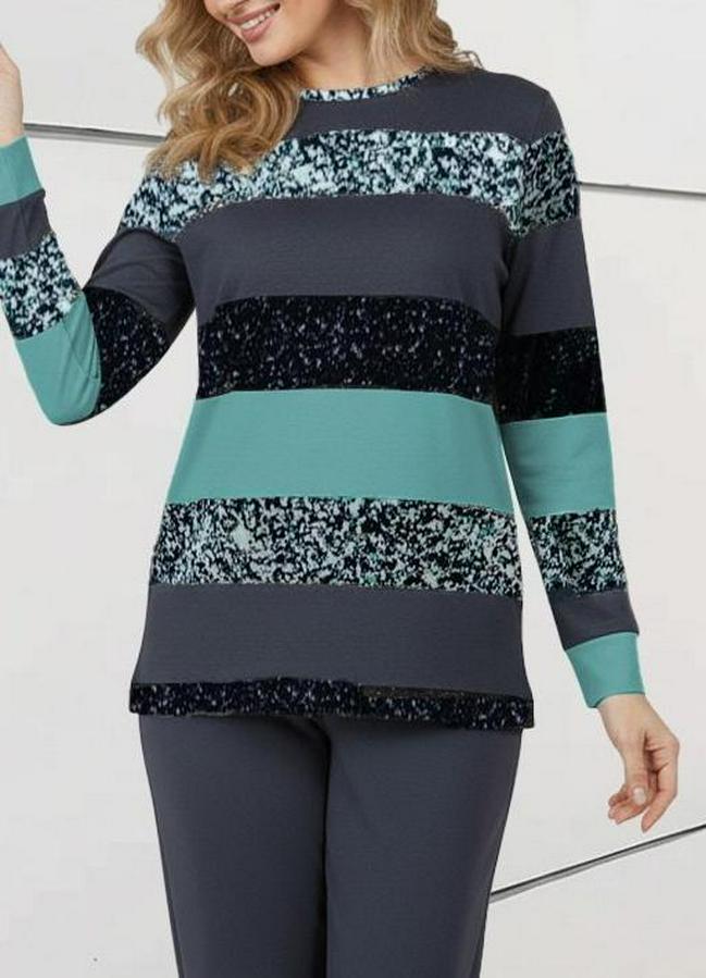 Uzun Kollu Bisiklet Yaka Çizgili Desen Iki Iplik Bluz Ve Pantolon Ikili Takım