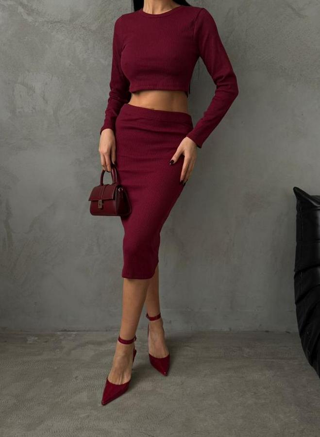 Uzun Kollu Bisiklet Yaka Crop Ve Midi Boy Kaşkorse Kumaş Etek Ikili Takım