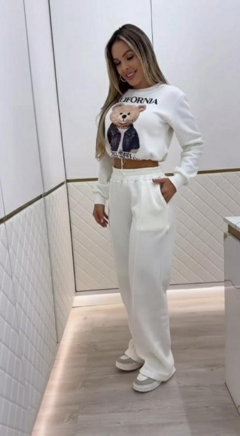 Uzun Kollu Bisiklet Yaka Desenli Iki Iplik Şardonlu Bluz Ve Pantolon Ikili Takım