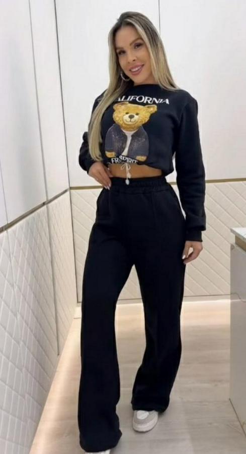 Uzun Kollu Bisiklet Yaka Desenli Iki Iplik Şardonlu Bluz Ve Pantolon Ikili Takım