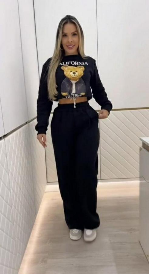 Uzun Kollu Bisiklet Yaka Desenli Iki Iplik Şardonlu Bluz Ve Pantolon Ikili Takım