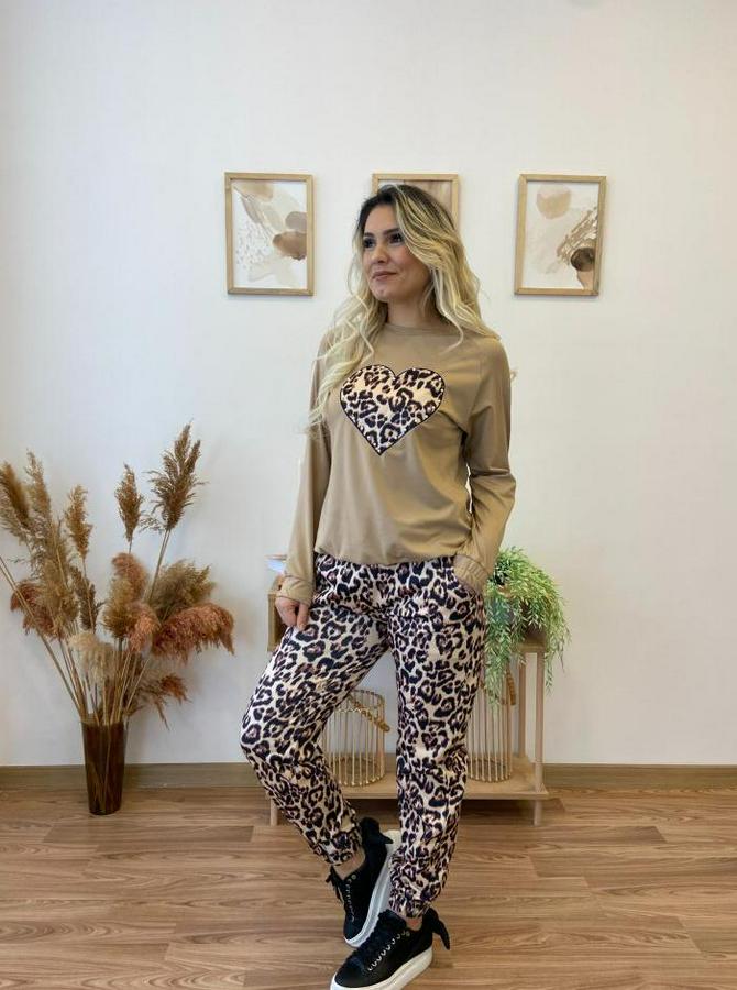 Uzun Kollu Bisiklet Yaka Kalp Leopar Baskılı Alt Ve Üst Dalgıç Ikili Takım