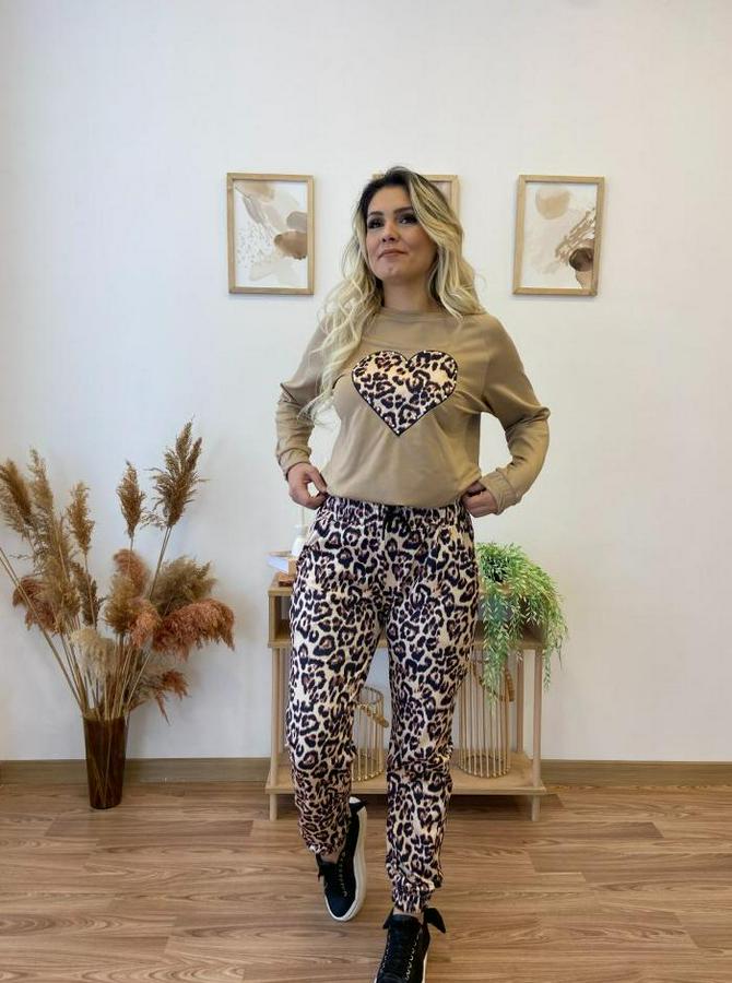 Uzun Kollu Bisiklet Yaka Kalp Leopar Baskılı Alt Ve Üst Dalgıç Ikili Takım