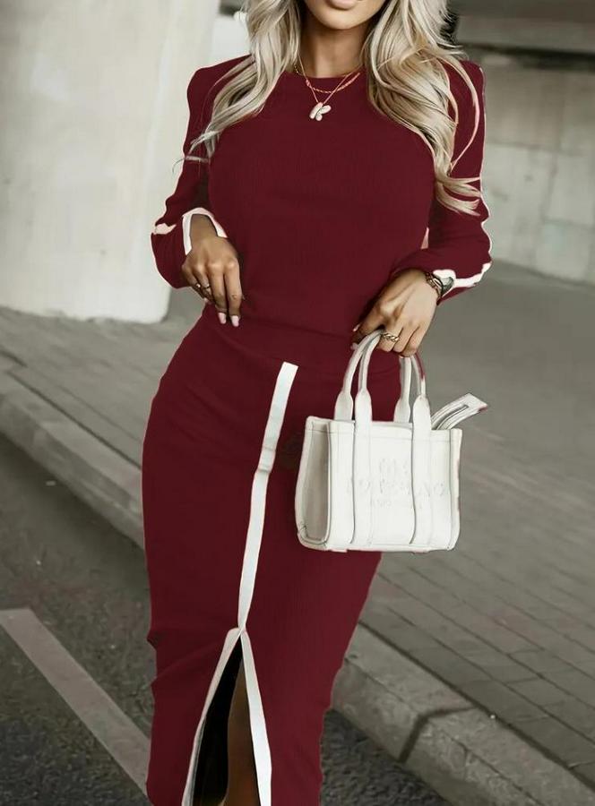 Uzun Kollu Bisiklet Yaka Kaşkorse Bluz Ve Yırtmaçlı Etek Ikili Takım