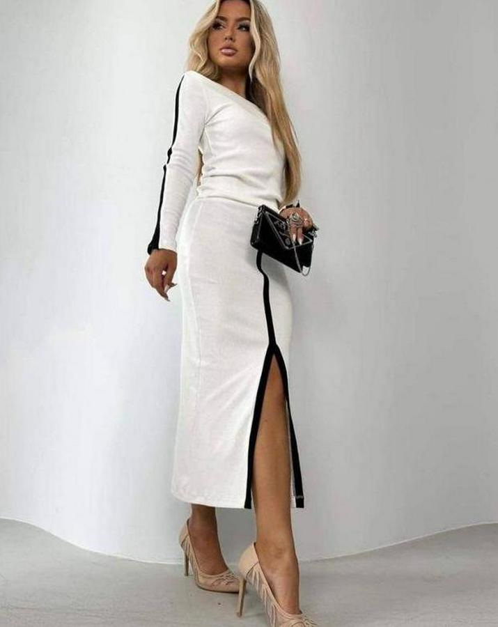 Uzun Kollu Bisiklet Yaka Kaşkorse Bluz Ve Yırtmaçlı Etek Ikili Takım