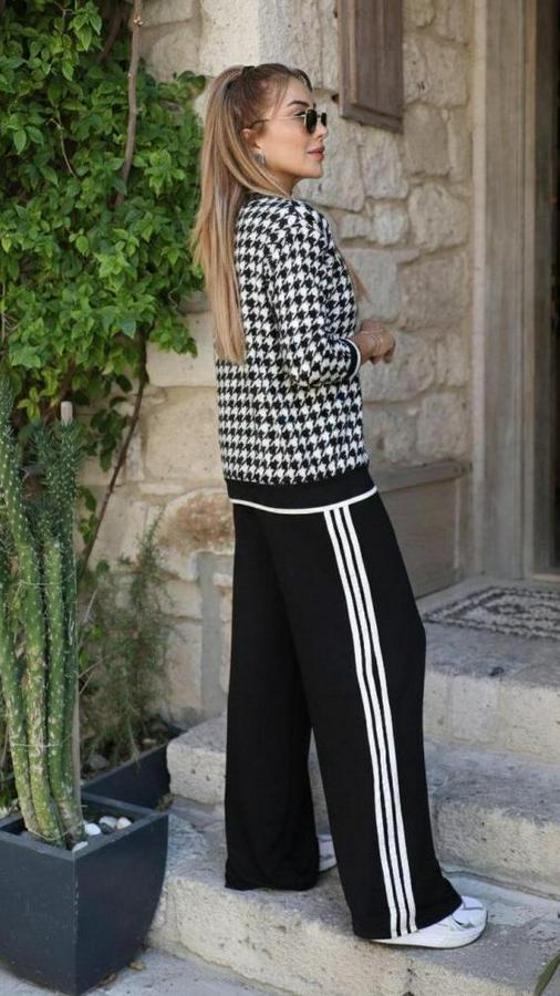 Uzun Kollu Bisiklet Yaka Kazayağı Desenli Iki Iplik Bluz Ve Viskon Iki Iplik Pantolon Ikili Takım