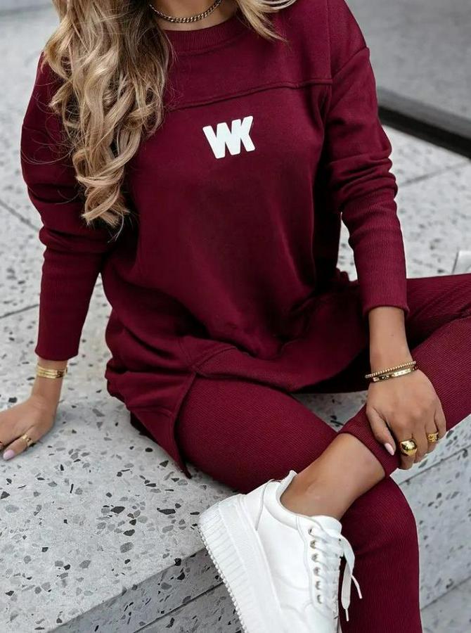 Uzun Kollu Bisiklet Yaka Nervurlu Viskon Iki Iplik Ve Tayt Pantolon Ikili Takım