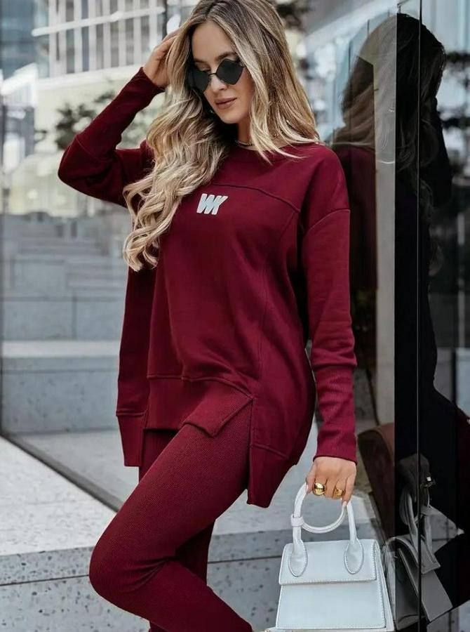 Uzun Kollu Bisiklet Yaka Nervurlu Viskon Iki Iplik Ve Tayt Pantolon Ikili Takım