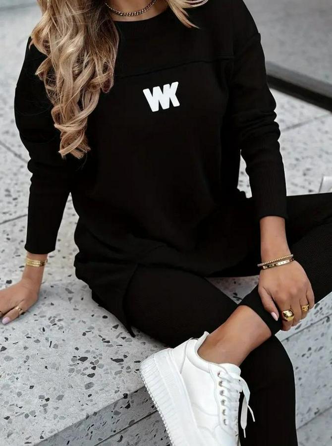 Uzun Kollu Bisiklet Yaka Nervurlu Viskon Iki Iplik Ve Tayt Pantolon Ikili Takım 