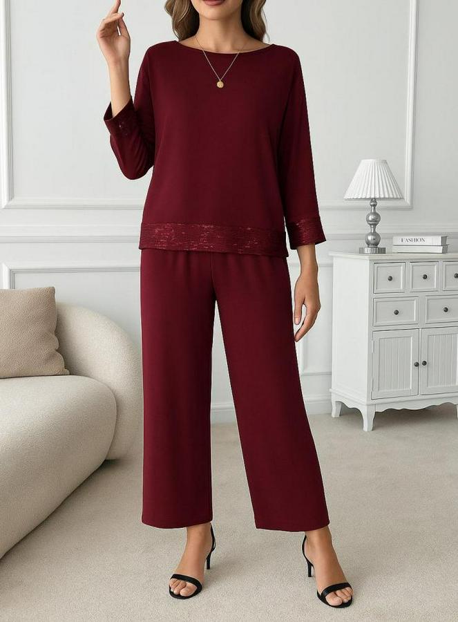 Uzun Kollu Bisiklet Yaka Pulpayetli Viskon Iki Iplik Bluz Ve Pantolon Ikili Takım