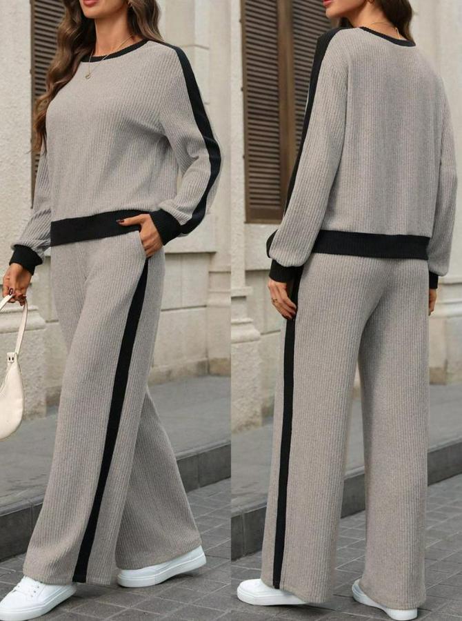 Uzun Kollu Bisiklet Yaka Şardonlu Kaşkorse Bluz Ve Pantolon Ikili Takım