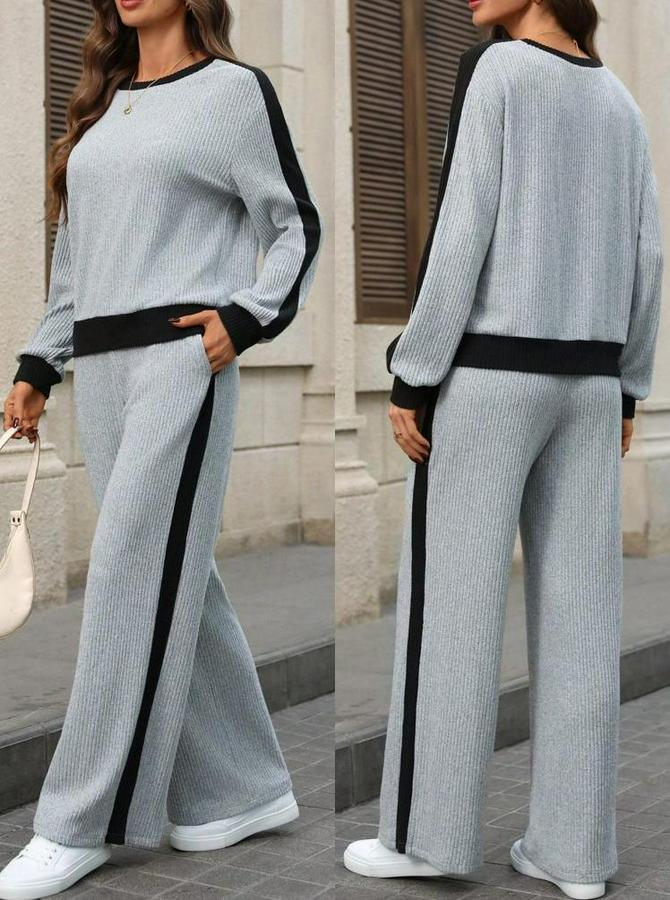 Uzun Kollu Bisiklet Yaka Şardonlu Kaşkorse Bluz Ve Pantolon Ikili Takım