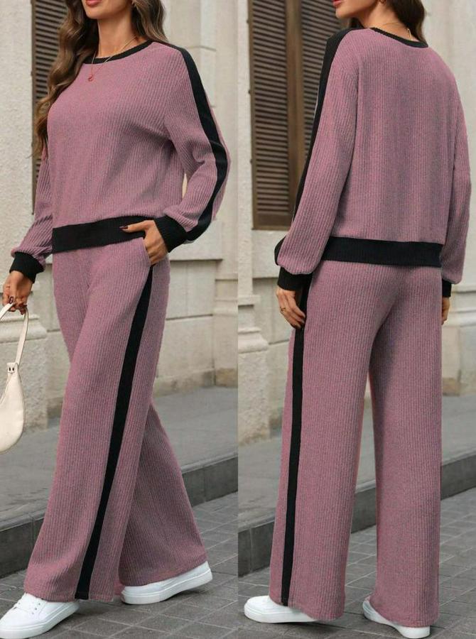 Uzun Kollu Bisiklet Yaka Şardonlu Kaşkorse Bluz Ve Pantolon Ikili Takım
