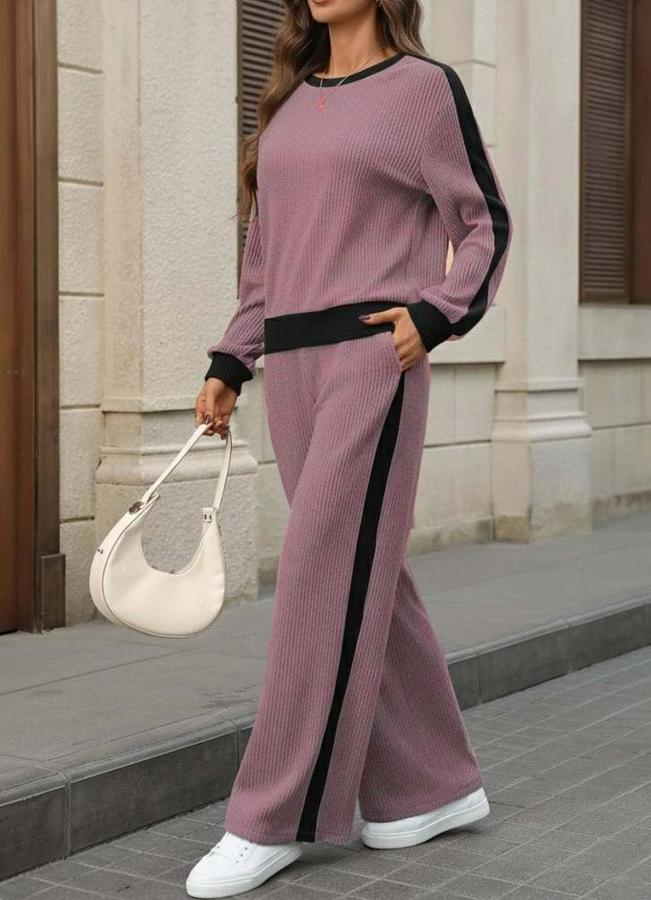 Uzun Kollu Bisiklet Yaka Şardonlu Kaşkorse Bluz Ve Pantolon Ikili Takım