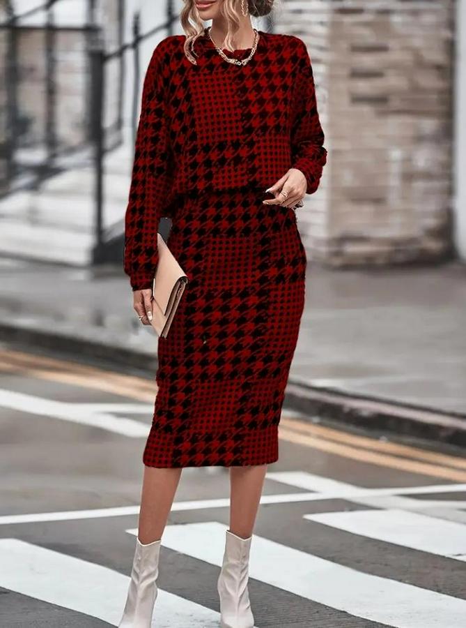 Uzun Kollu Bisiklet Yaka Şardonlu Dalgıç Bluz Ve Yırtmaçlı Midi Etek Takım