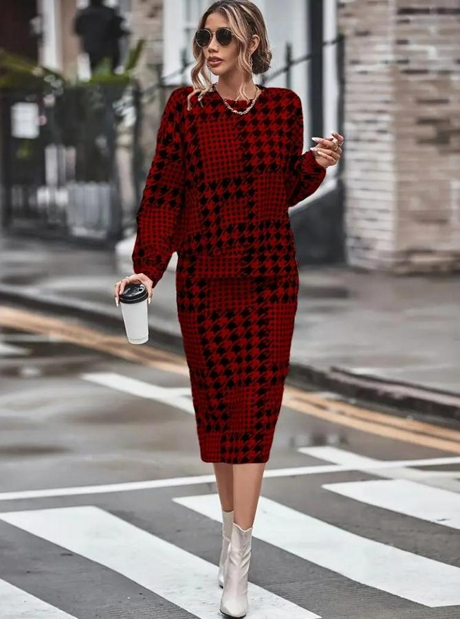 Uzun Kollu Bisiklet Yaka Şardonlu Dalgıç Bluz Ve Yırtmaçlı Midi Etek Takım